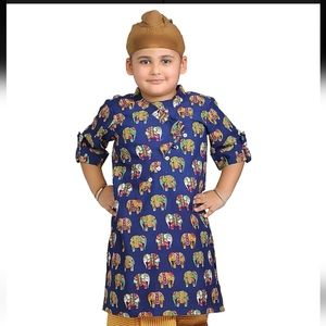 Elephant Print Blue Kurta Top Boy's 7/8